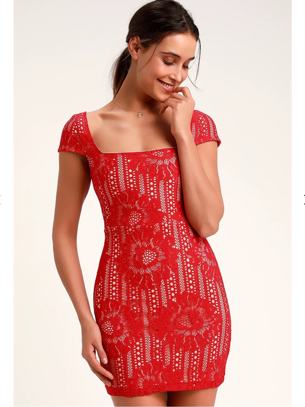 Lulus Lilian Red Lace Overlay Floral Feminine Mini Dress Women’s Size Small